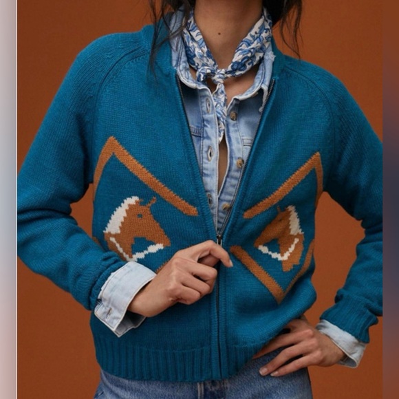 TINY ANTHROPOLOGIE TURQUOISE BLUE FULL ZIP HORSE THEME CARDIGAN SWEATER SZ XS - Picture 2 of 8